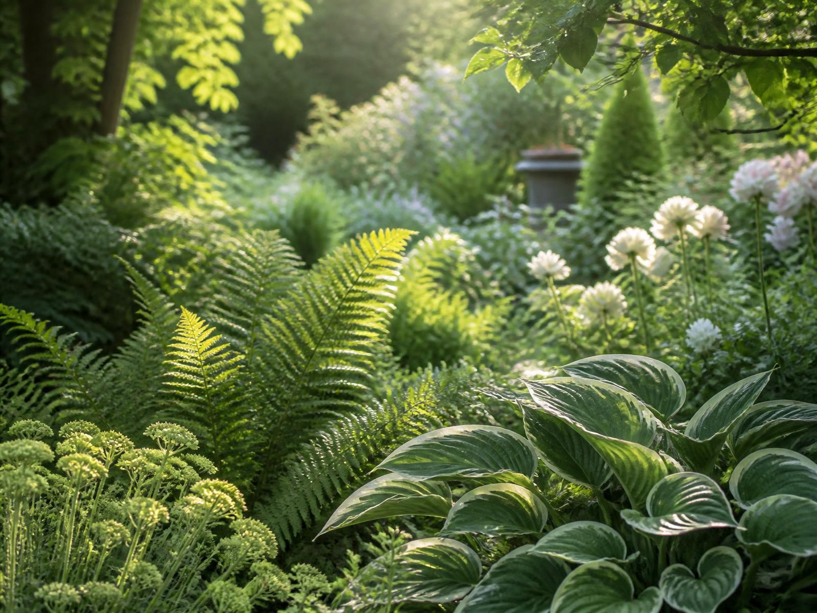 Sunlit garden border with ferns, hostas and white flowers